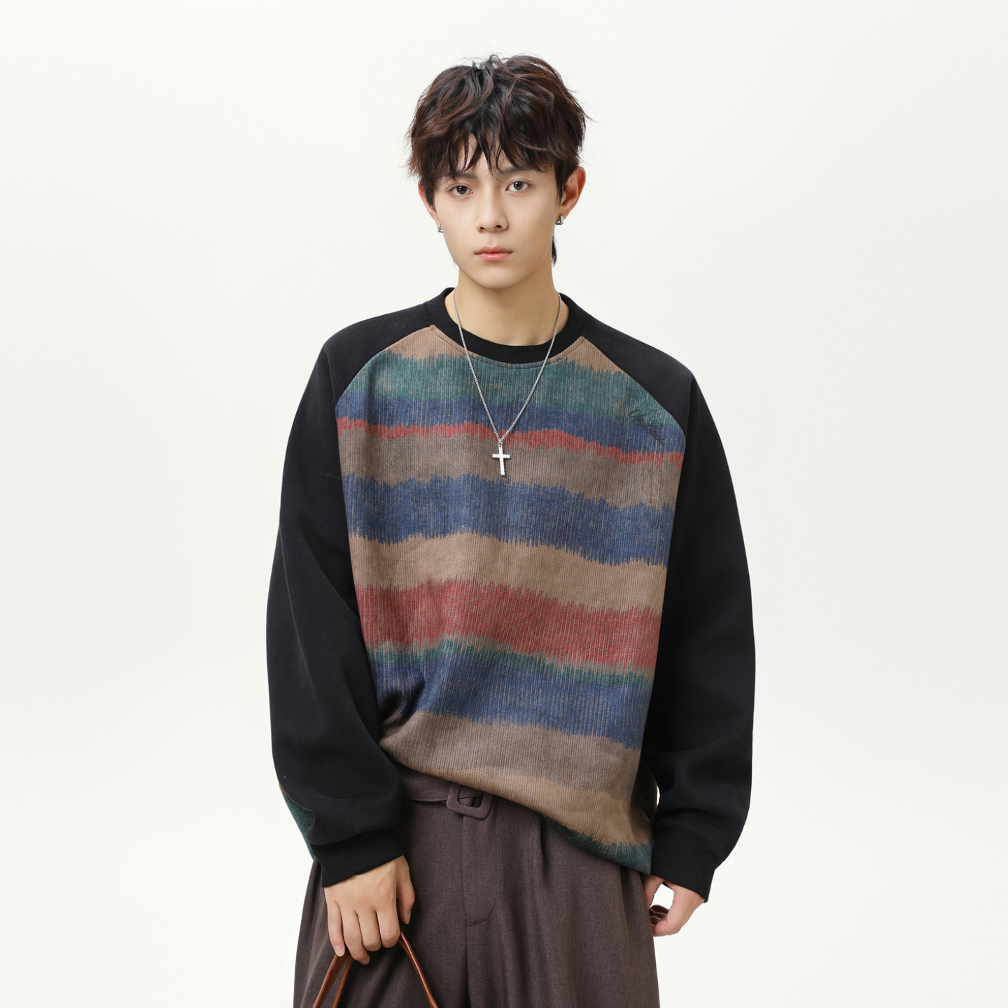 复古扎染渐变条纹拼色圆领卫衣