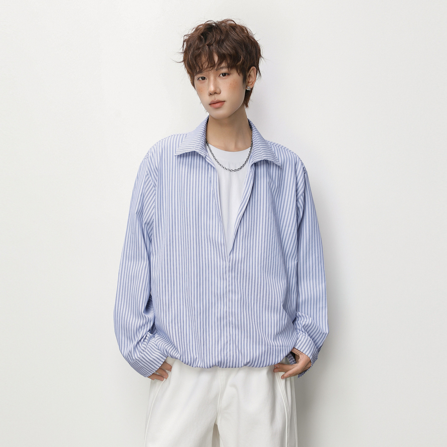 悟空有货春季复古竖条纹长袖衬衫男女潮牌情侣宽松高级感休闲衬衣