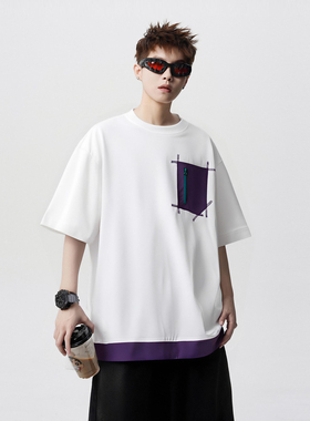 悟空有货夏季撞色口袋拼接短袖T恤男潮牌bf慵懒风情侣休闲百搭tee