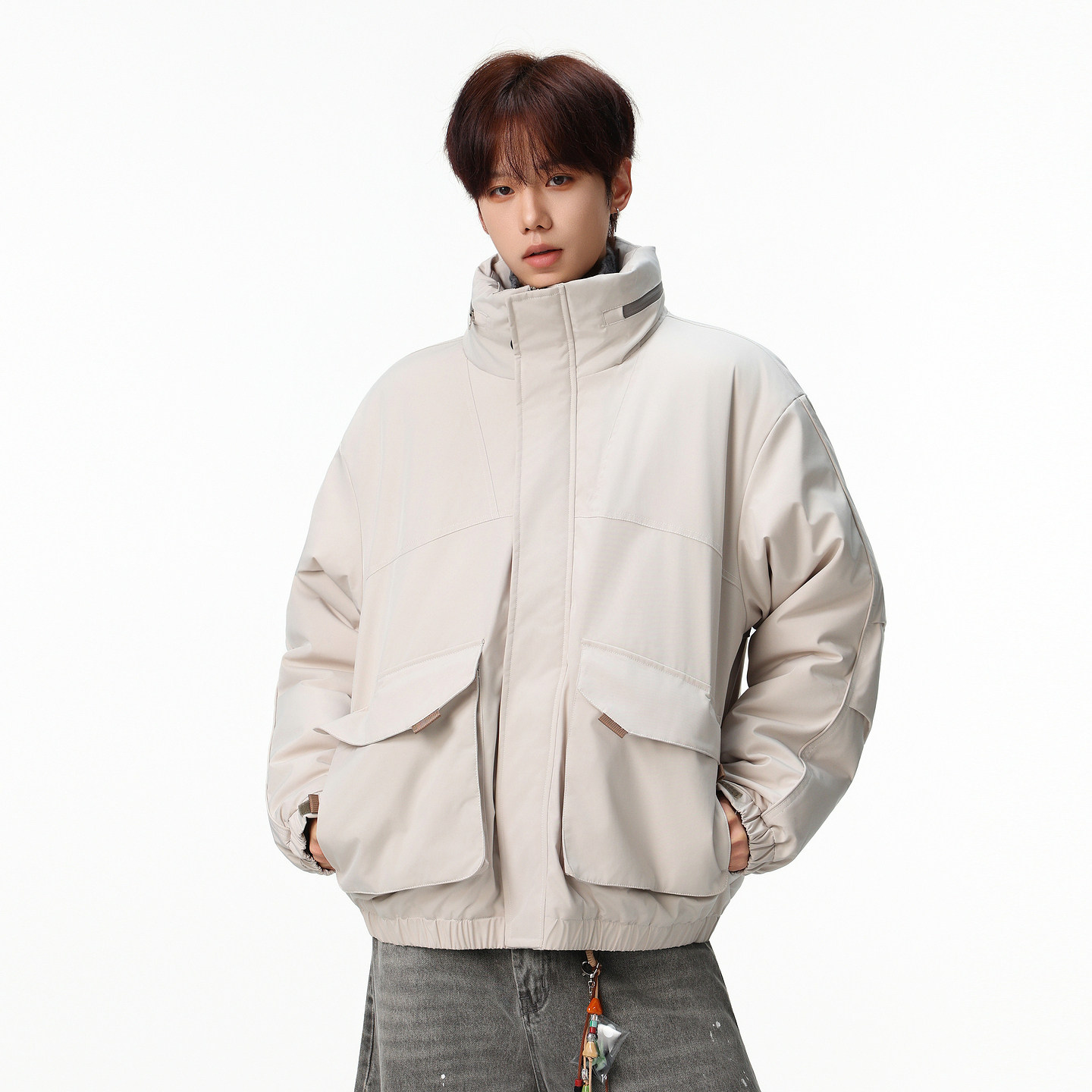 冬季多口袋工装可拆卸连帽棉服