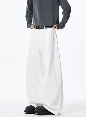 悟空有货潮牌cleanfit白色弯刀牛仔裤男复古美式宽松直筒阔腿长裤