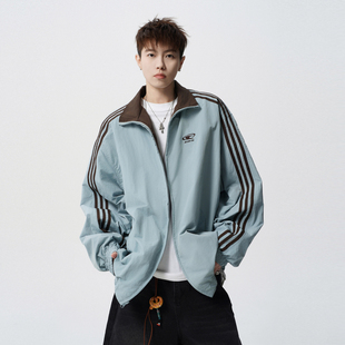 悟空有货潮牌美式 复古情侣宽松百搭外套 条纹双面穿立领夹克男春季