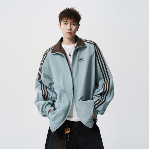 潮牌美式条纹双面穿立领夹克男