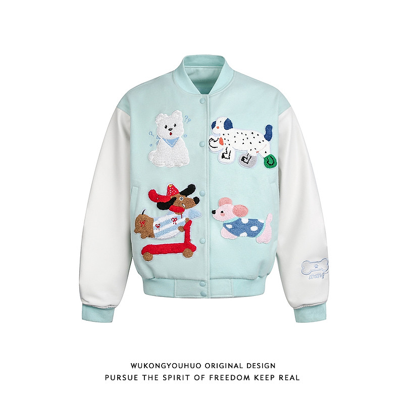 悟空有货美式小狗毛巾绣拼接棒球服男女春季潮牌情侣宽松百搭外套