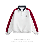 悟空有货美式 潮牌情侣宽松重磅上衣 复古撞色拼接POLO领卫衣男春季