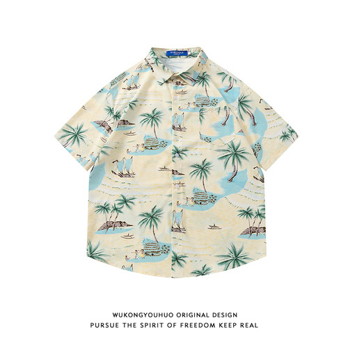 椰子树海边沙滩印花夏威夷衬衫