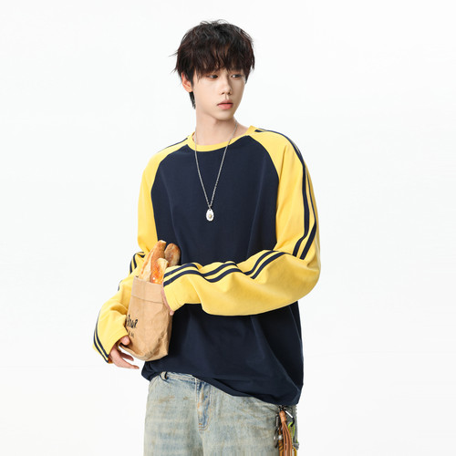 复古撞色拼接插肩袖圆领长袖T恤