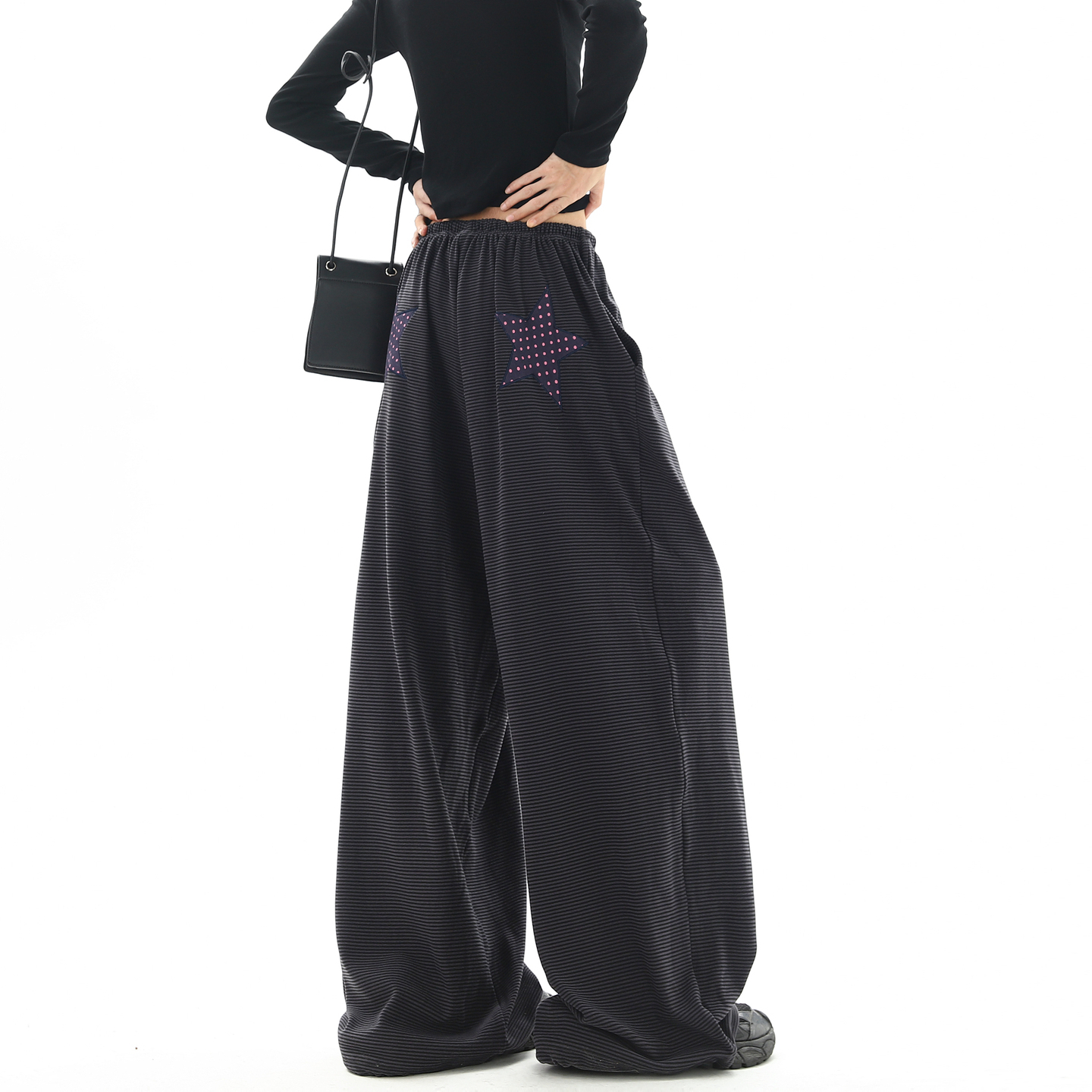 复古星星刺绣条纹垂感休闲裤男