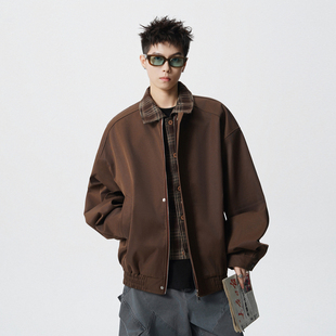 悟空有货美式 潮牌巴恩风情侣百搭外套 复古格纹拼接翻领夹克男秋季