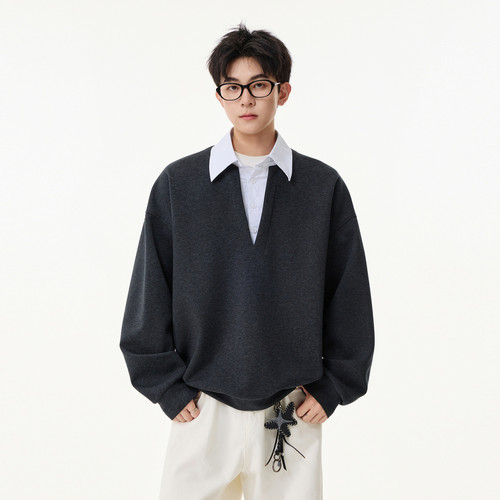 复古条纹假两件拼接POLO衫男女