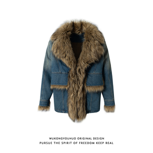 悟空有货复古拼接牛仔座山雕棉服男美式 高街小众保暖休闲棉衣外套