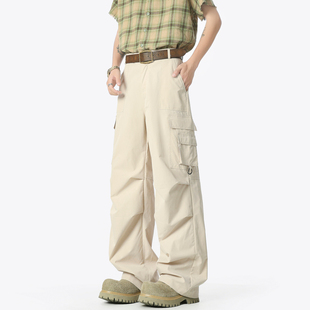 男女复古街头宽松百搭阔腿长裤 悟空有货潮牌褶皱大口袋直筒工装 裤