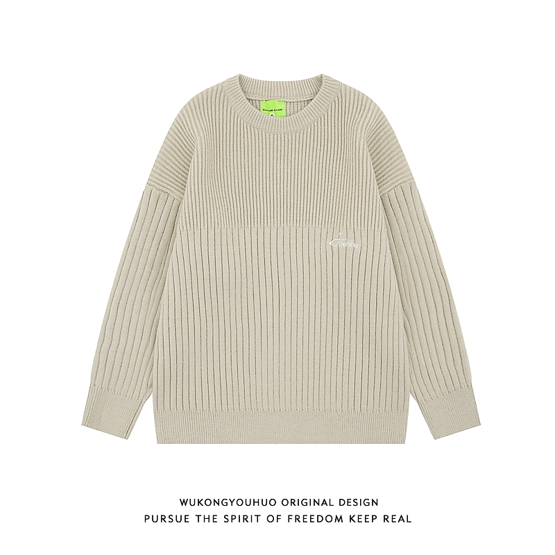 悟空有货秋冬复古竖条纹拼接圆领针织衫男女潮牌宽松情侣保暖毛衣