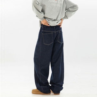 男复古宽松潮流百搭阔腿裤 悟空有货潮牌美式 撞色辑明线直筒牛仔裤