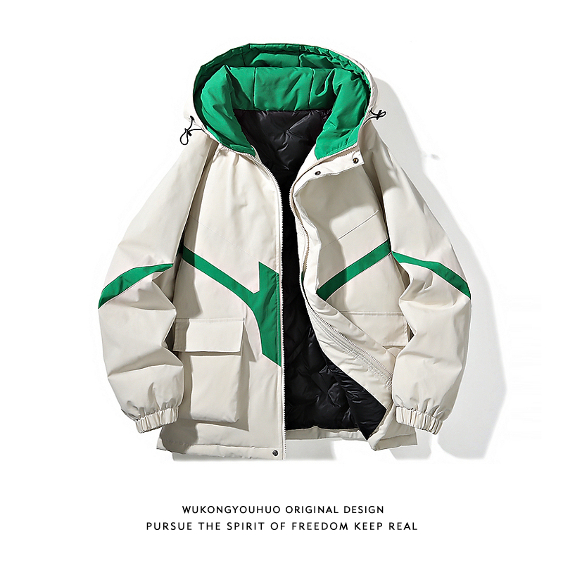 冬季复古撞色工装连帽羽绒服外套