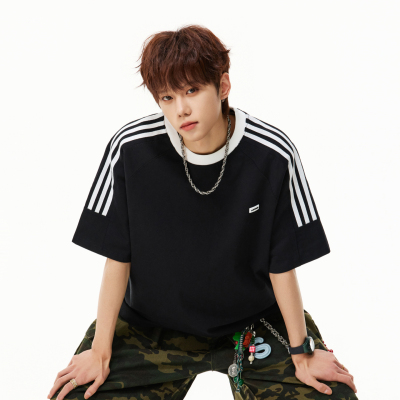 潮牌夏季侧边条纹撞色短袖T恤男