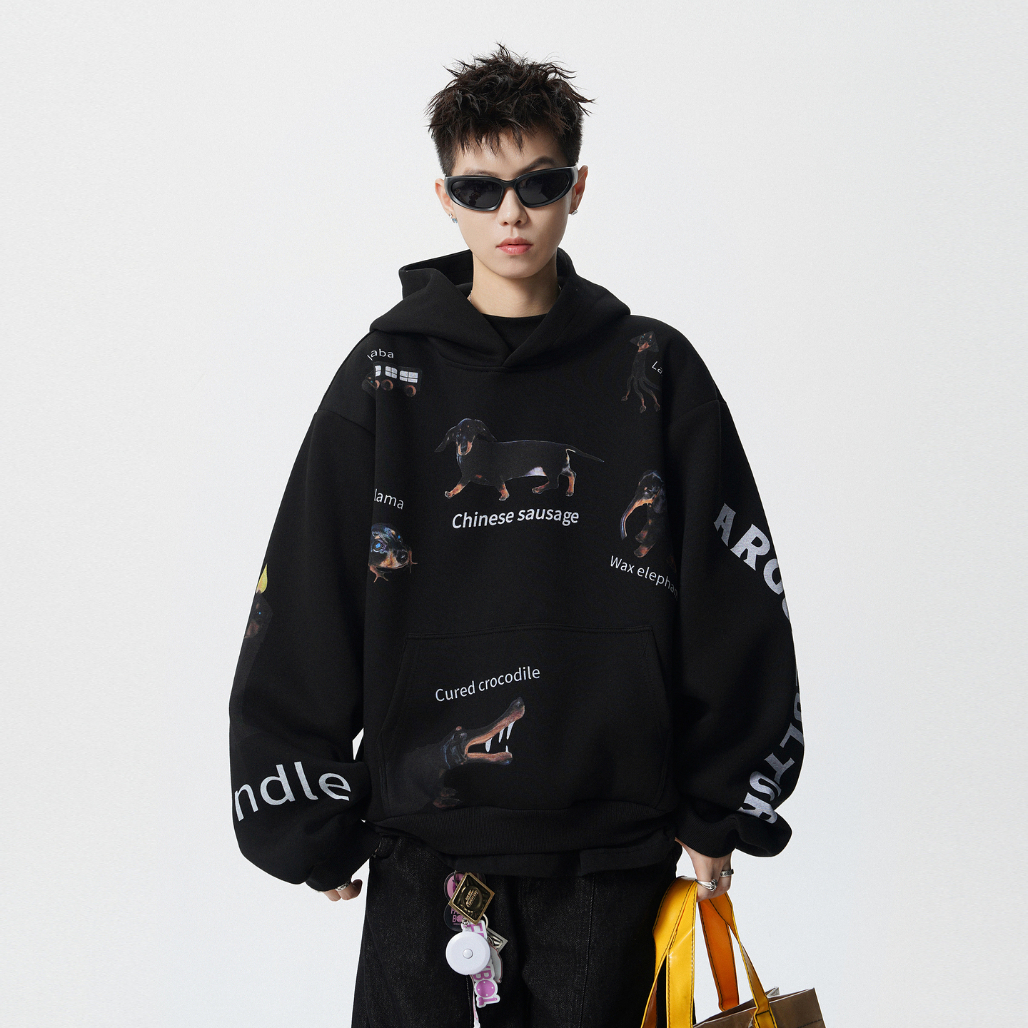 潮牌美式腊肠狗印花重磅连帽卫衣