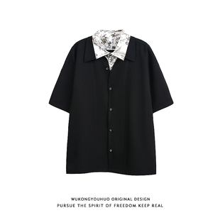 男女潮牌复古宽松情侣百搭衬衣 衬衫 悟空有货夏季 老钱风双层领短袖