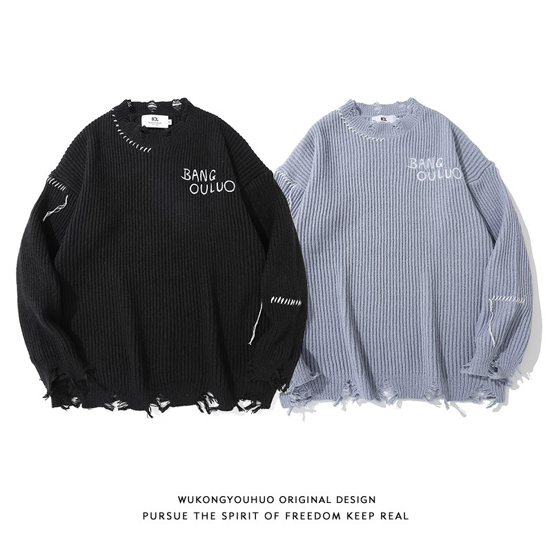 WUKONG IS  HIP-HOP LAZY WINDY WORN-OUT KNITWEAR MENS TRENDY BRAND STREET BF LOOSE COUPLE PULLOVER