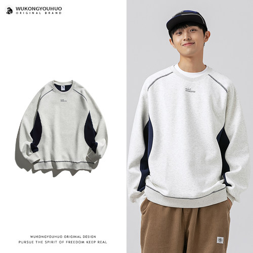 复古日系撞色拼接圆领百搭卫衣