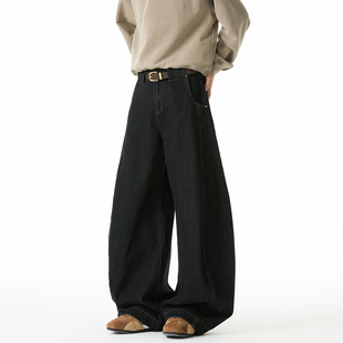 悟空有货美式复古高街廓形弯刀牛仔裤男拼接解构宽松阔腿镰刀裤子