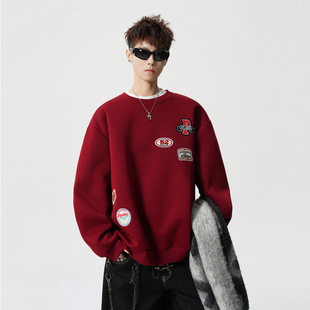 悟空有货美式复古刺绣红色圆领卫衣男女宽松情侣重磅百搭套头上衣