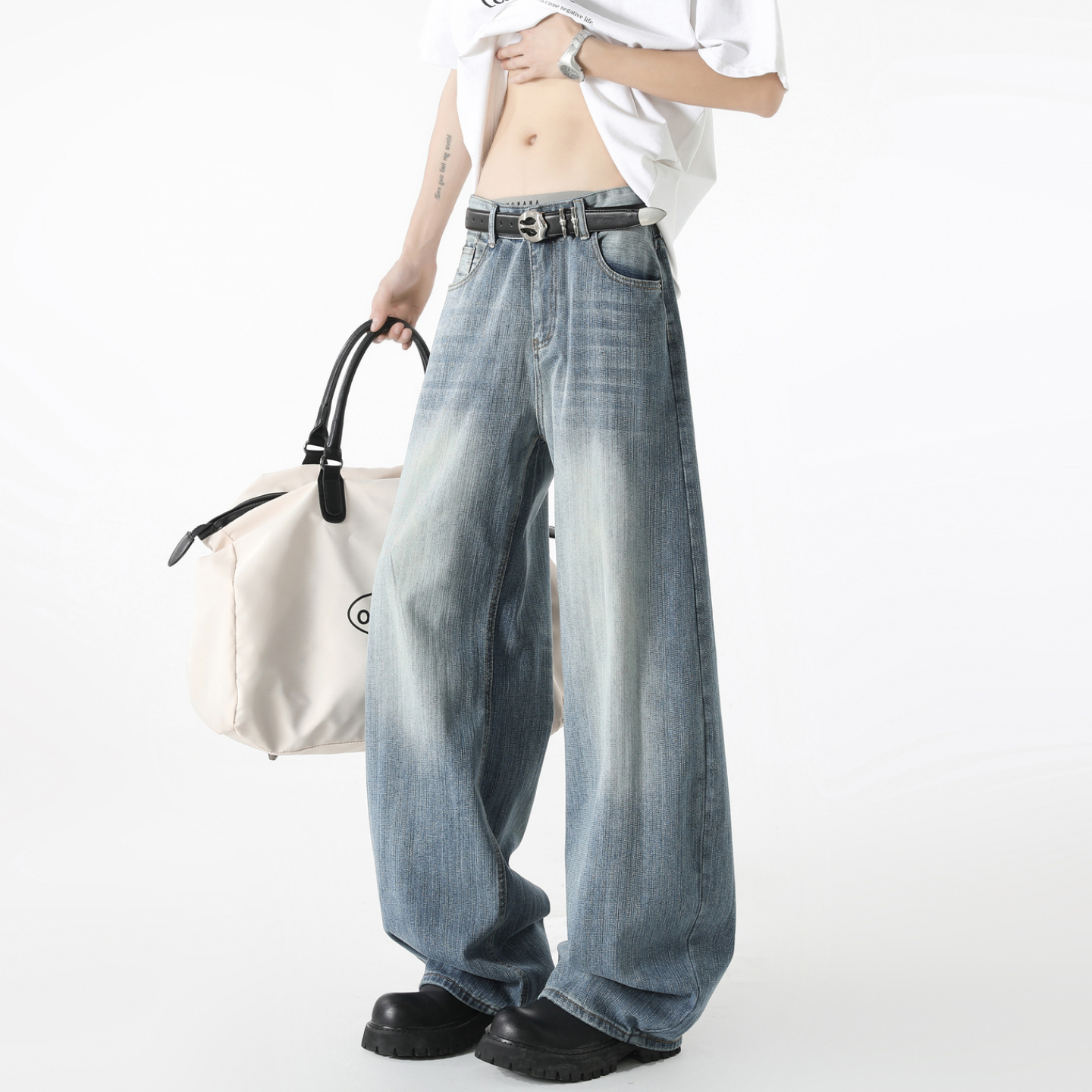 美式复古水洗蓝直筒牛仔裤男女