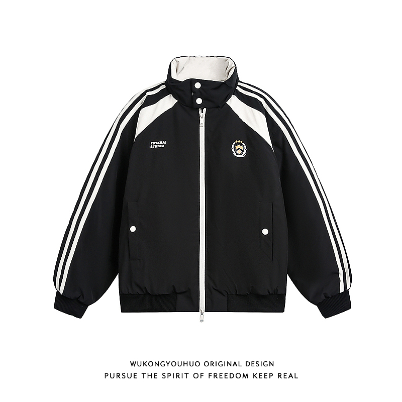 悟空有货潮牌美式条纹撞色拼接立领棉衣男复古学院风情侣百搭棉服