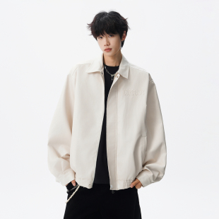 悟空有货美式复古字母刺绣PU皮翻领夹克男女潮牌宽松情侣机车外套