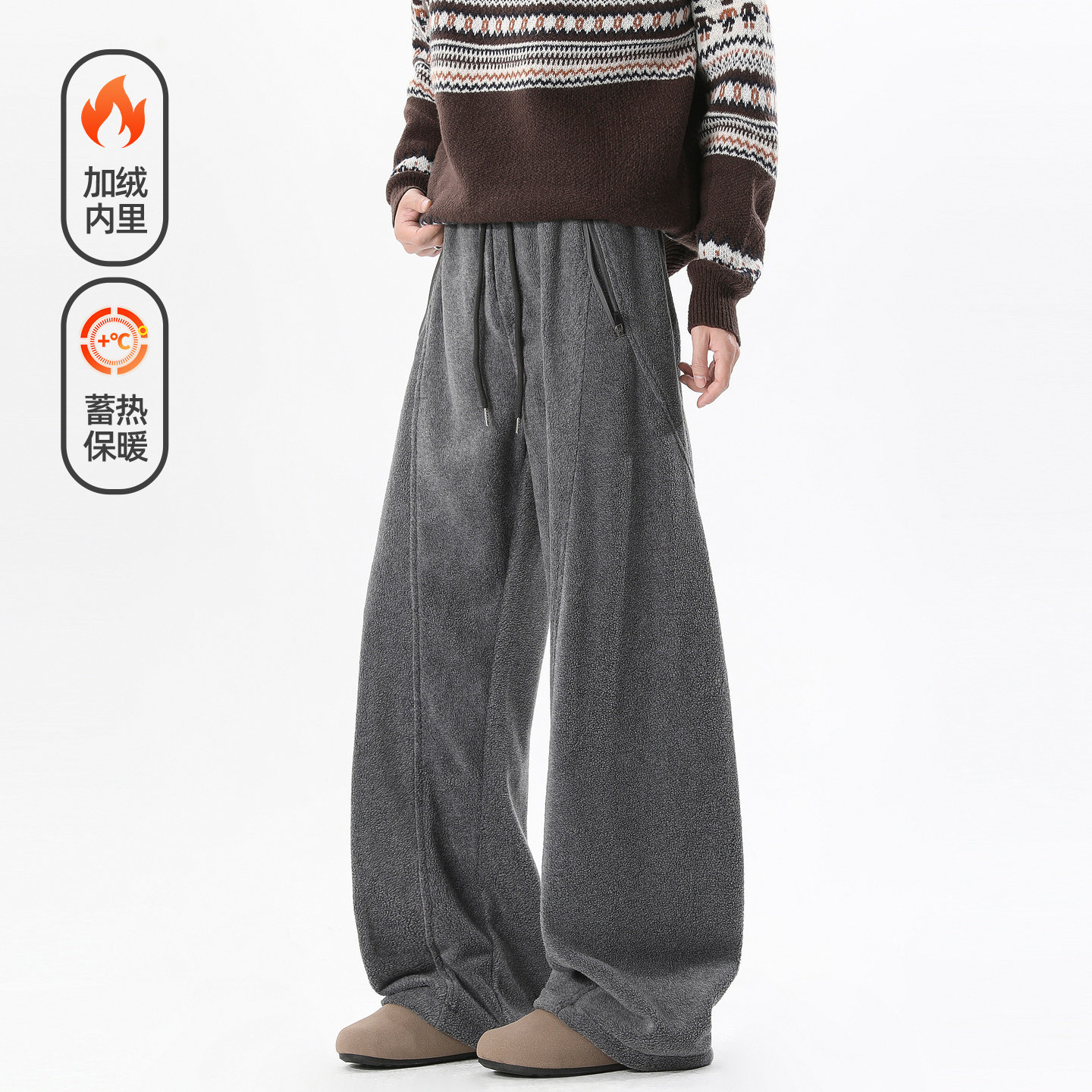 潮牌秋冬羊羔绒加厚直筒休闲裤男