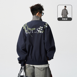 悟空有货潮牌花卉刺绣双面穿翻领外套男女美式短款休闲飞行员夹克