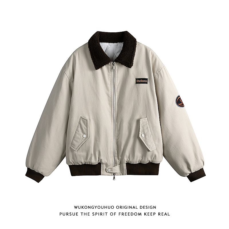 美式复古羊羔绒翻领棉服男冬季