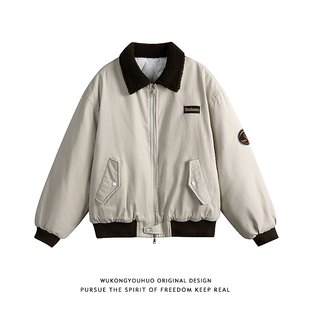 悟空有货美式复古羊羔绒翻领棉服男冬季潮牌情侣保暖百搭休闲棉衣