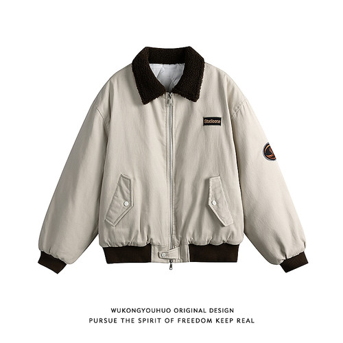 美式复古羊羔绒翻领棉服男冬季