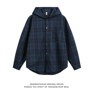 外套 罩衫 悟空有货复古拼色格子连帽衬衫 男女潮牌宽松情侣休闲长袖