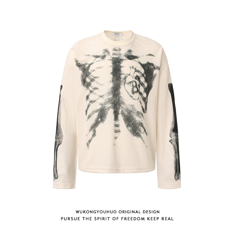 美式高街华夫格印花长袖T恤男