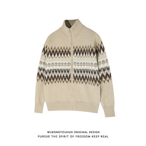 秋季复古费尔岛开衫短款立领毛衣