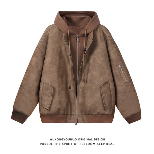 美拉德棕色假两件拼接连帽皮棉服