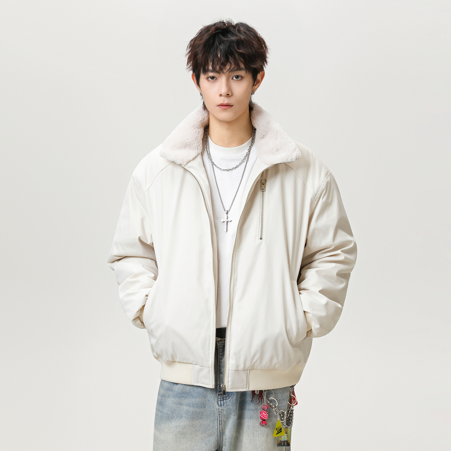 冬季羊羔绒翻领加厚棉衣男女