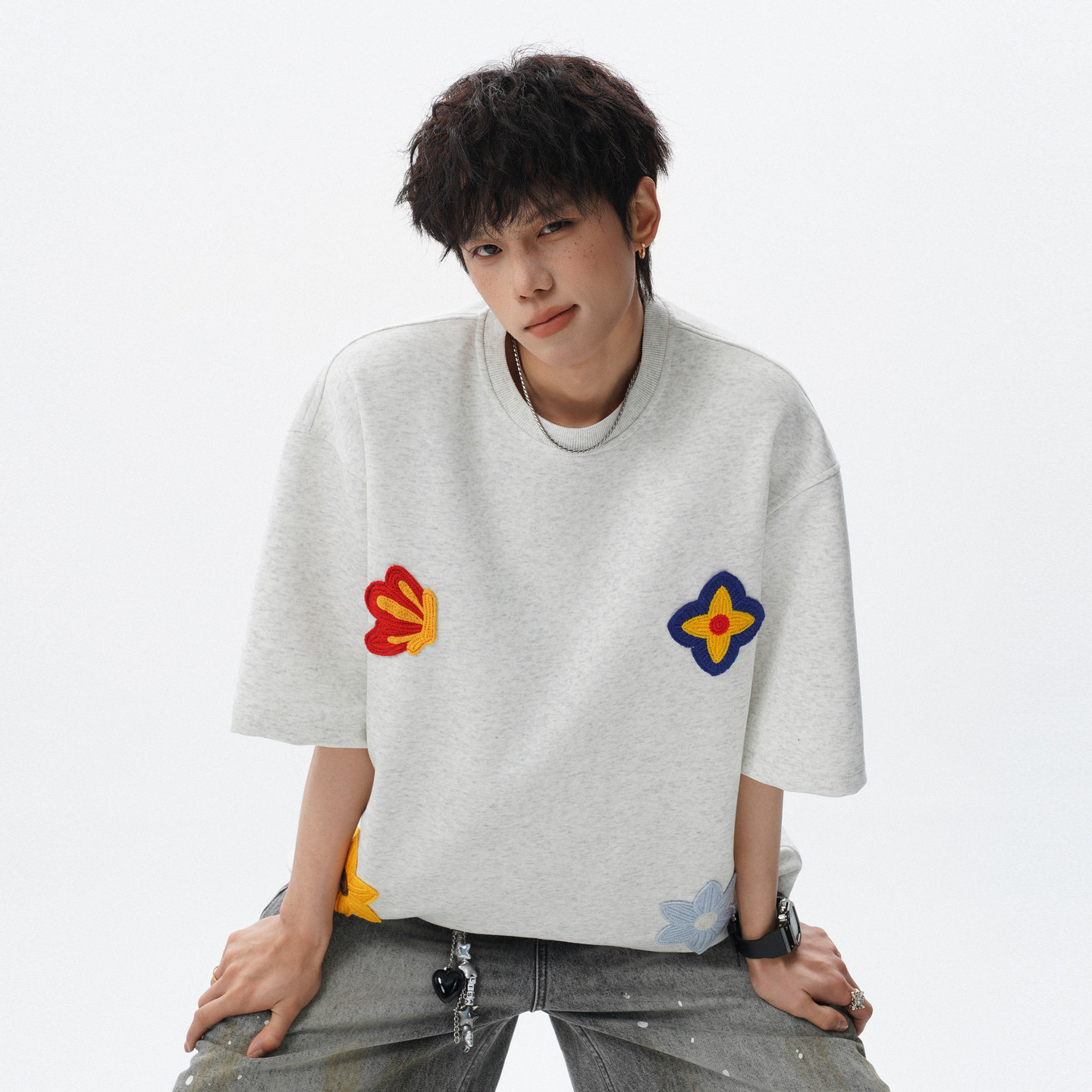 悟空有货潮牌美式花卉毛巾绣短袖T恤男夏季情侣宽松百搭半袖体恤