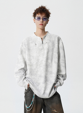 悟空有货美式潮牌扎染半拉链套头长袖T恤男春季情侣宽松百搭上衣