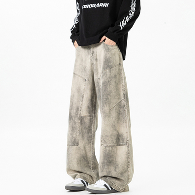 美式复古做旧扎染脏脏直筒工装裤