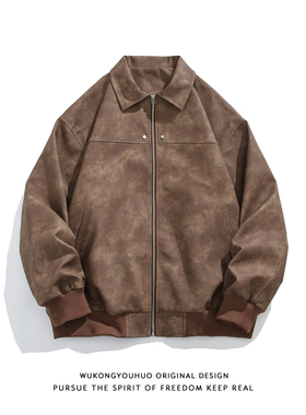 悟空有货美式复古棕色翻领皮衣外套男美拉德高级感麂皮绒情侣夹克