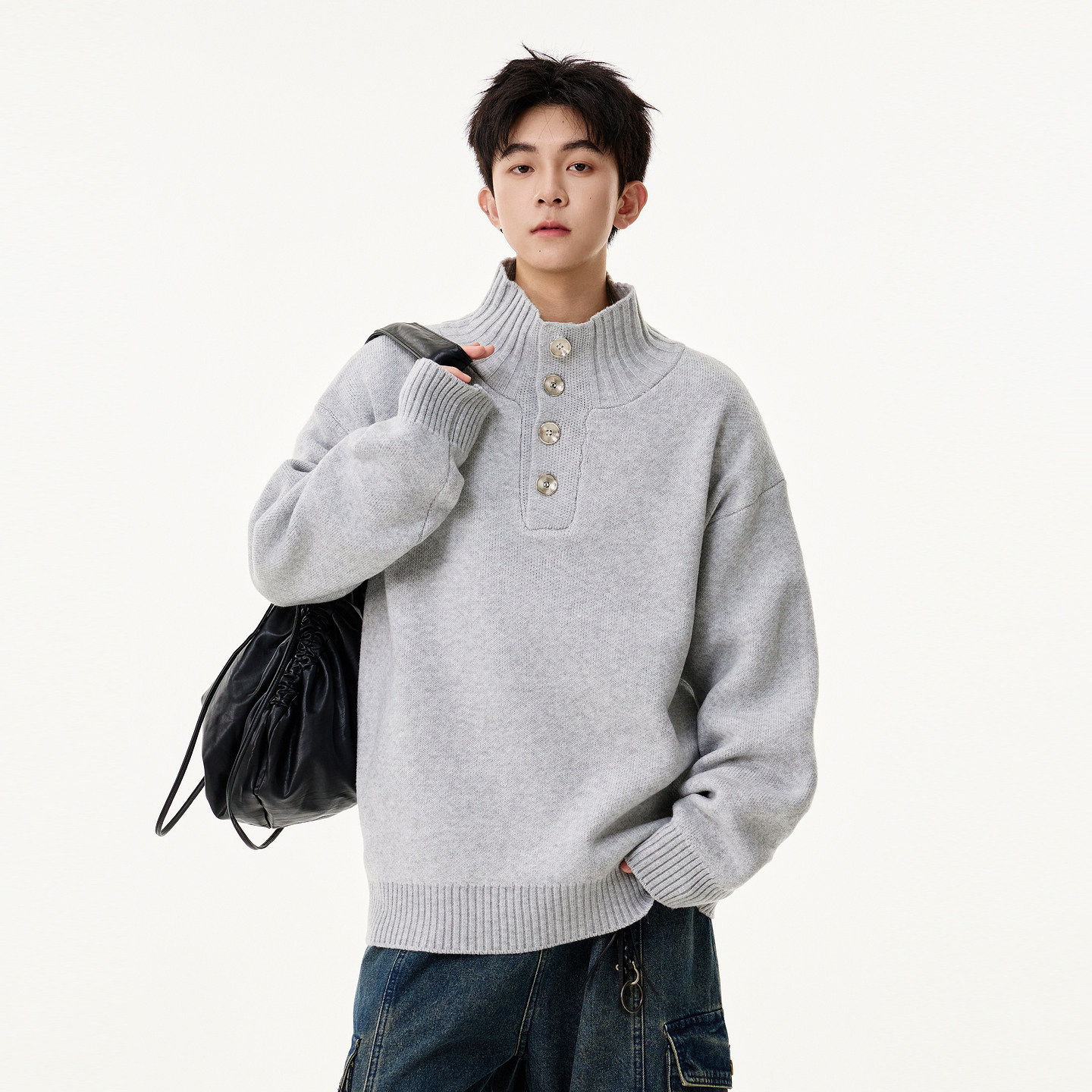 悟空有货美式复古纽扣半高领毛衣男女潮牌情侣慵懒百搭休闲针织衫,男装,针织衫/毛衣,淘宝优惠券,粉丝福利购,淘宝优惠卷