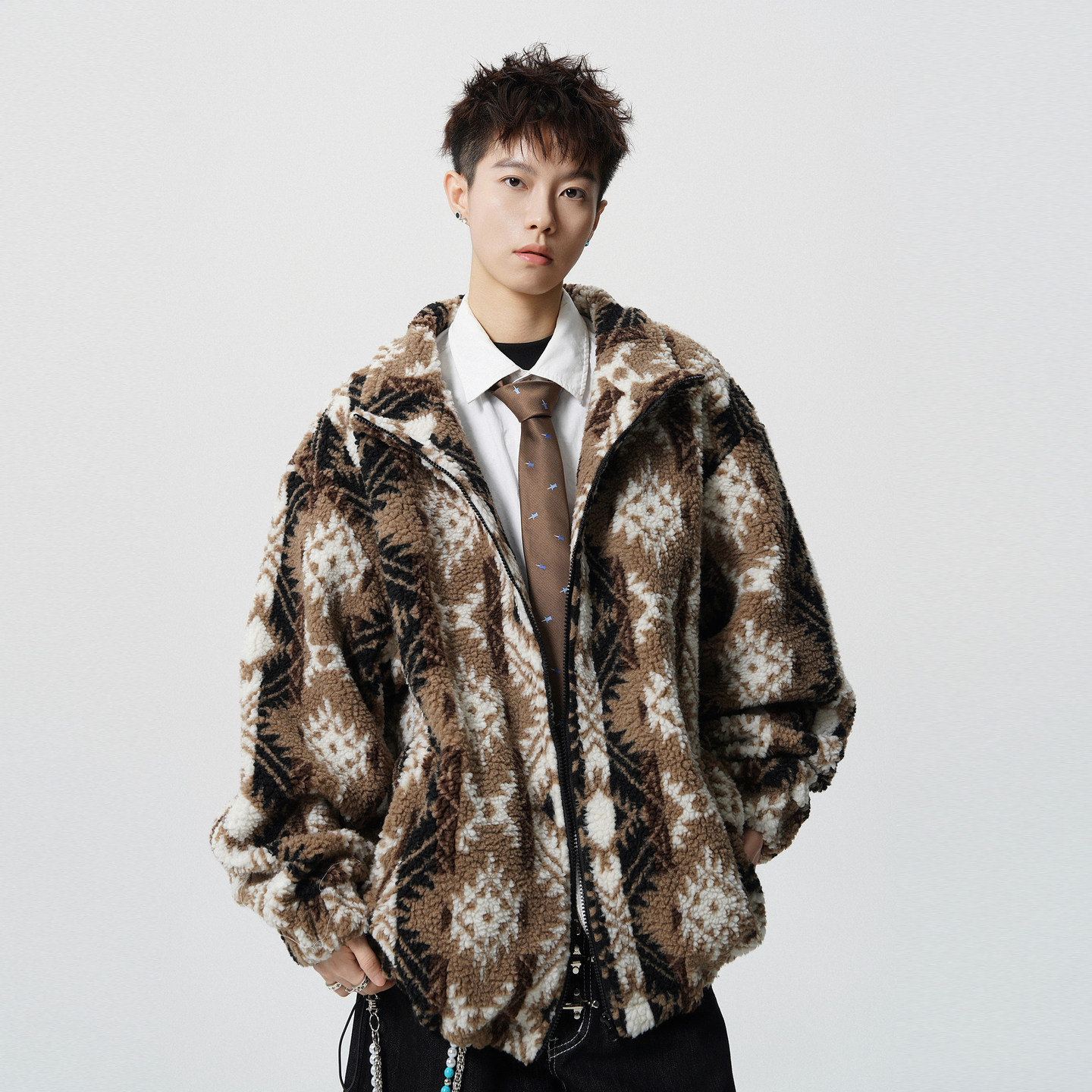 冬季潮牌羊羔绒加厚连帽棉衣男