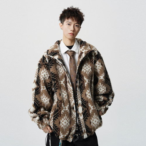 冬季潮牌羊羔绒加厚连帽棉衣男