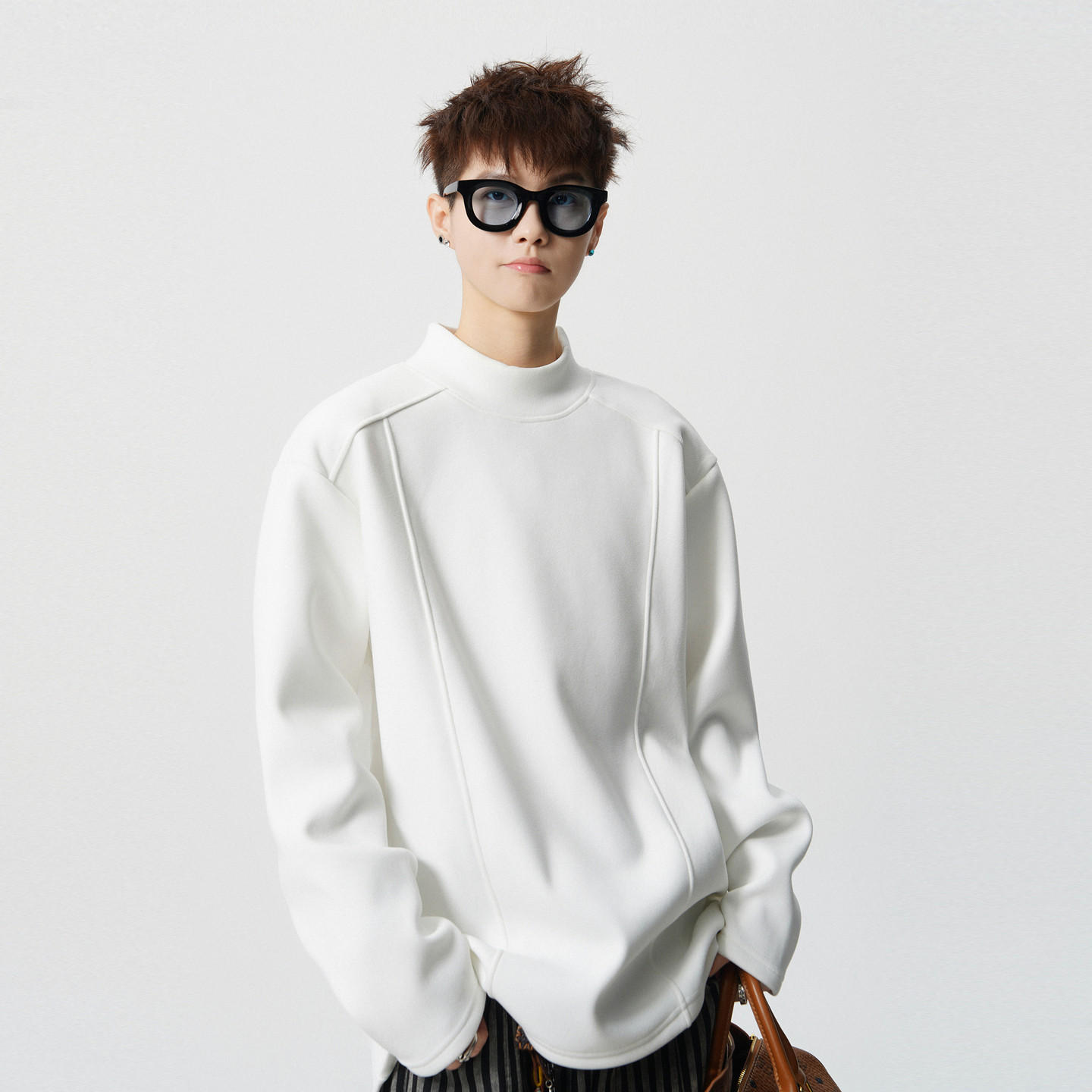 悟空有货美式复古解构半高领德绒长袖T恤男潮牌宽松内搭打底上衣