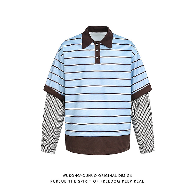 悟空有货美式潮牌条纹拼接假两件长袖POLO衫男宽松设计感情侣T恤,男装,Polo衫,淘宝优惠券,粉丝福利购,淘宝优惠卷