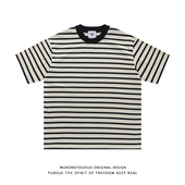 悟空有货潮牌日系黑白条纹圆领短袖 宽松情侣百搭上衣 T恤男女夏季