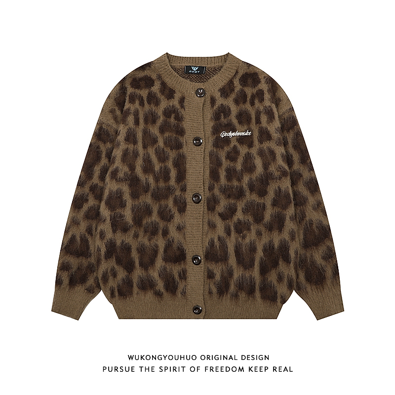 复古美式豹纹提花马海毛开衫毛衣